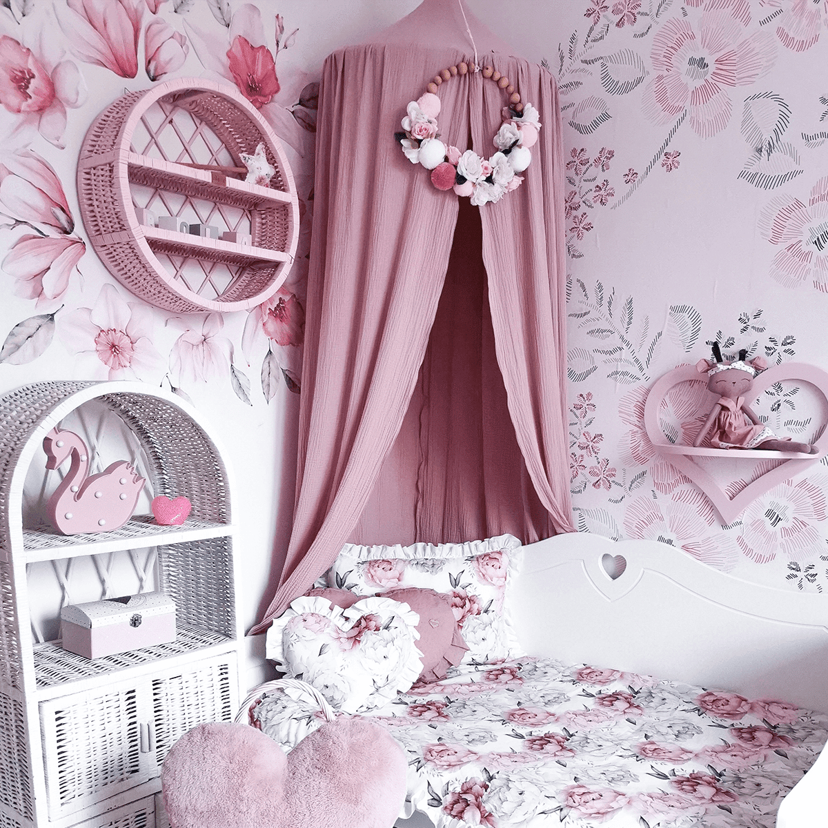 Ciel de lit en mousseline Image principale de la canopée en mousseline rose