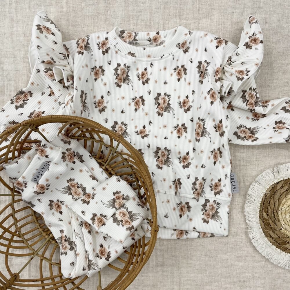 Completo per neonati | Felpa, pantaloni e fascia per capelli | Cotone GOTS | Rose pastello Immagine aggiuntiva 1