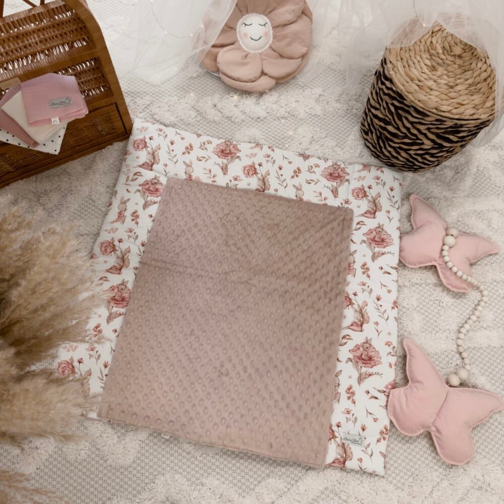 Minky Changing Mat Including Removable Waterproof Pad | Peonies & Bunny Pink Main Image