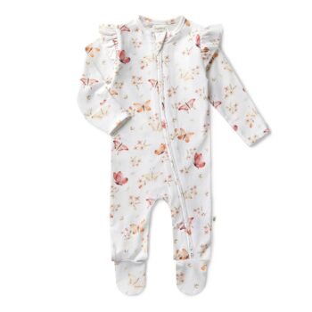Combinaison pyjama papillon en coton bio avec fermeture éclair et volants. Image supplémentaire 1.
